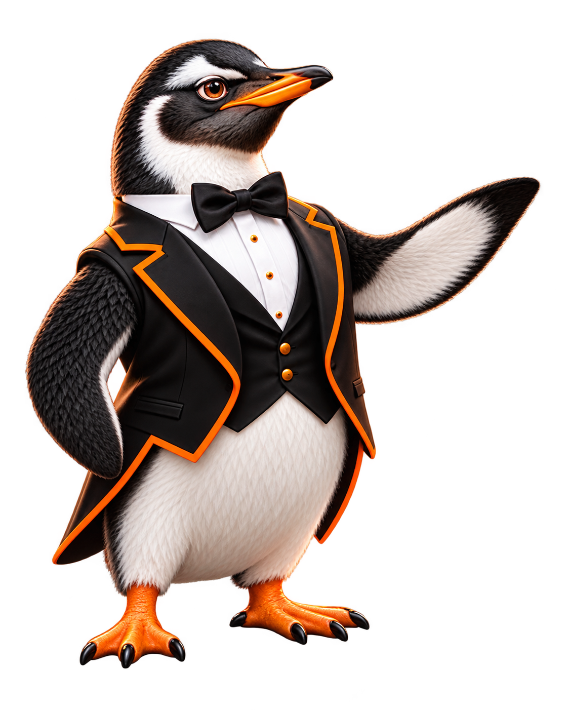 Pingüino de MKC mirando hacia el mensaje y presentándolo con el ala